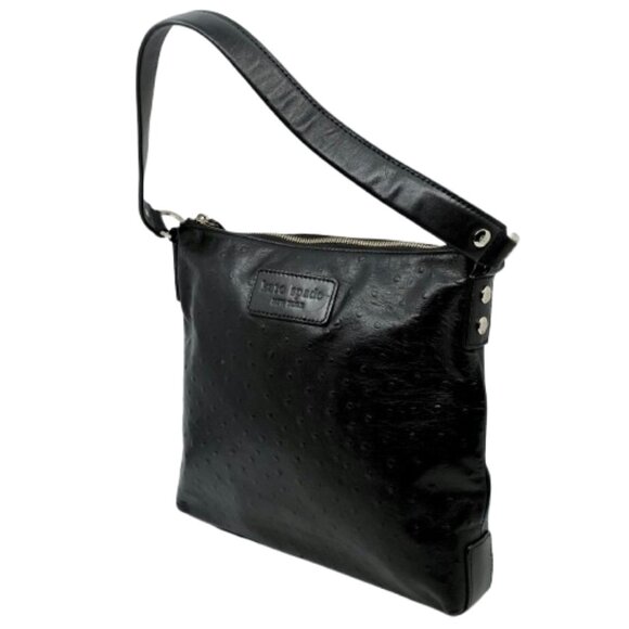 KATE SPADE~BLACK LEATHER OSTRICH EMBOSSED ZIP TOP SHOULDER BAG LIKE NEW - Picture 1 of 6